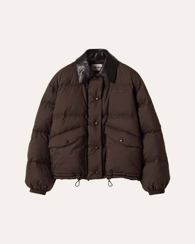 Printed Logo Leather Collar Oversized Down Jacket